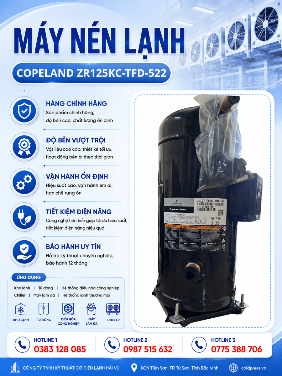 Máy nén lạnh Copeland ZR125KC-TFD-522 – Scroll 10HP, gas R22, 3 pha Máy nén lạnh Copeland ZR125KC-TFD-522 – Scroll 10HP, gas R22, 3 pha