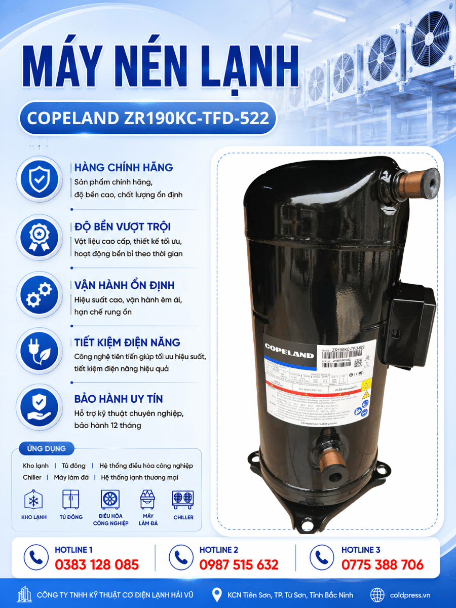 Máy nén lạnh Copeland ZR190KC-TFD-522 – Scroll 15.8HP, gas R22, 3 pha Máy nén lạnh Copeland ZR190KC-TFD-522 – Scroll 15.8HP, gas R22, 3 pha