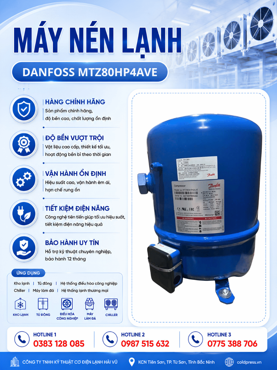Máy nén lạnh Danfoss MTZ80HP4AVE Máy nén lạnh Danfoss MTZ80HP4AVE