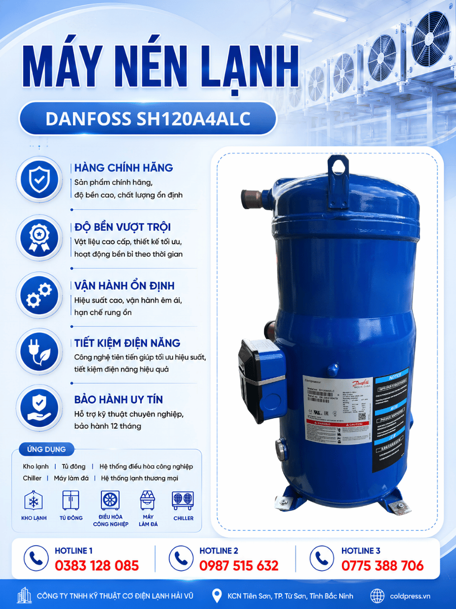 Máy nén lạnh Danfoss SH120A4ALC – Scroll 10HP, gas R410A, 380V 3 pha Máy nén lạnh Danfoss SH120A4ALC – Scroll 10HP, gas R410A, 380V 3 pha